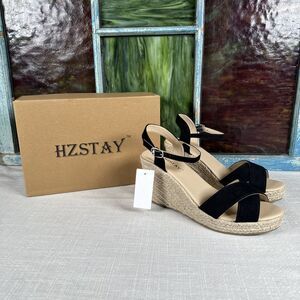 Women’s Size 9 Cute‎ Summer Jute Black Strappy Wedge Sandals NEW